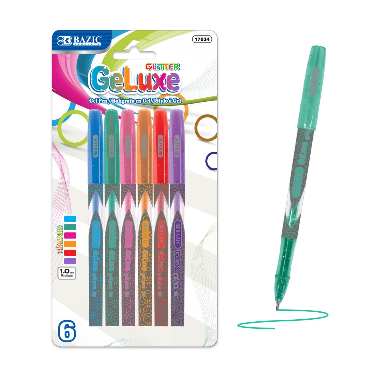 BAZIC GeLuxe 6 Glitter Colors Gel Pens, 1.0 mm Medium, Smooth Gel Ink